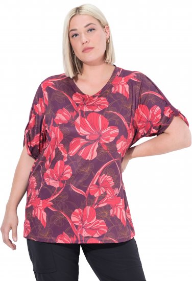Ulla Popken Quick Drying Flower Print Short Sleeve Tee Dark Cherry - Mintás pólók nőknek - 