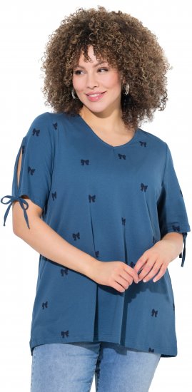 Ulla Popken Bow Print Split Sleeve Tee Indigo Denim - Mintás pólók nőknek - 