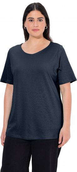 Ulla Popken Double Layer Rounded V-Neck Slim Fit Tee Navy Blue - Pólók - 