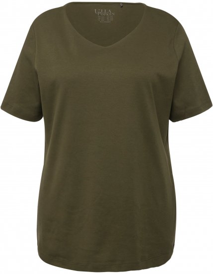 Ulla Popken Double Layer Rounded V-Neck Slim Fit Tee Forest Green - Pólók - 
