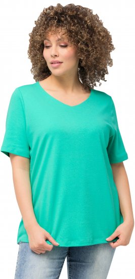 Ulla Popken Double Layer Rounded V-Neck Slim Fit Tee Turquioise Green - Pólók - 