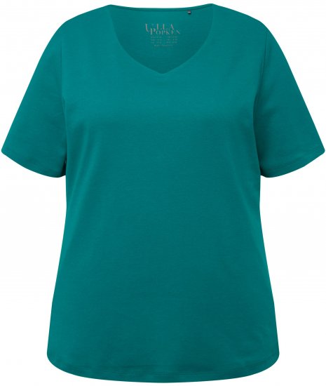 Ulla Popken Double Layer Rounded V-Neck Slim Fit Tee Dark Emerald - Pólók - 