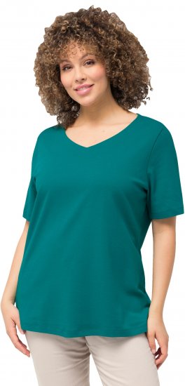 Ulla Popken Double Layer Rounded V-Neck Slim Fit Tee Dark Emerald - Pólók - 