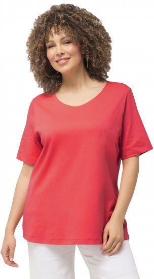 Ulla Popken Double Layer Rounded V-Neck Slim Fit Tee Dark Coral - Pólók - 