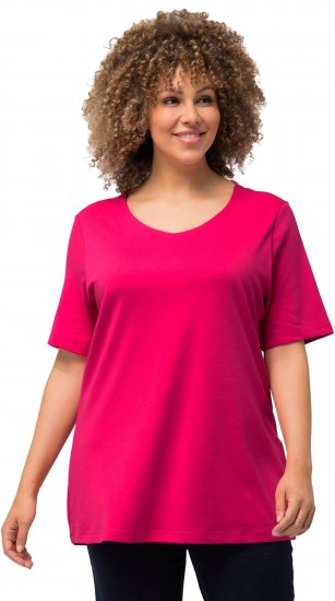 Ulla Popken Double Layer Rounded V-Neck Slim Fit Tee Magenta Pink - Pólók - 