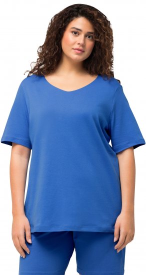 Ulla Popken Double Layer Rounded V-Neck Slim Fit Tee Blue - Pólók - 