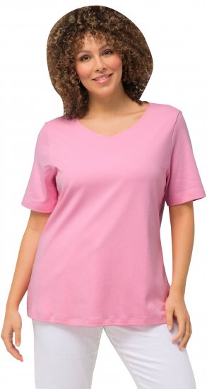 Ulla Popken Double Layer Rounded V-Neck Slim Fit Tee Light Pink - Pólók - 