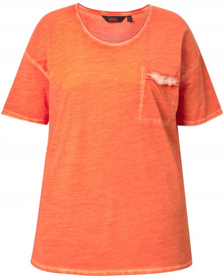 Ulla Popken Cold Dye Ruffle Edge Pocket Tee Coral Pink - Pólók - 