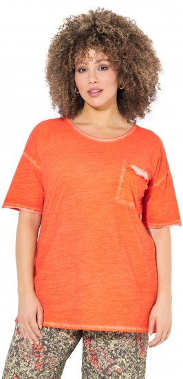Ulla Popken Cold Dye Ruffle Edge Pocket Tee Coral Pink - Pólók - 