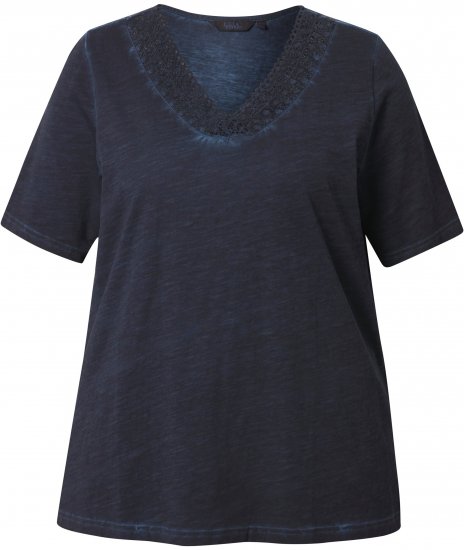 Ulla Popken Lace Trim Short Sleeve Tee Navy Blue - Pólók - 