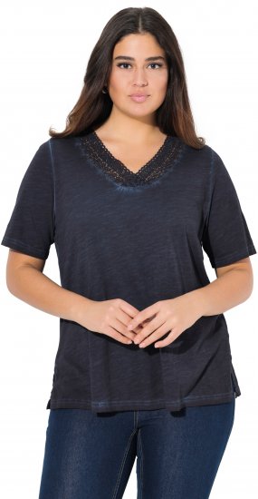 Ulla Popken Lace Trim Short Sleeve Tee Navy Blue - Pólók - 