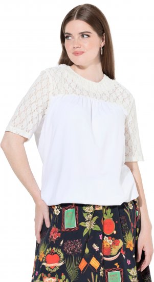 Ulla Popken Lace Yoke Short Sleeve T-Shirt Snow White - Pólók - 