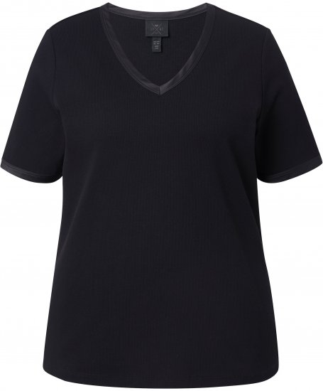 Ulla Popken Satin Trimmed Ribbed Jersey Short Sleeve T-Shirt Black - Pólók - 