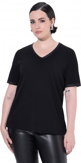 Ulla Popken Satin Trimmed Ribbed Jersey Short Sleeve T-Shirt Black - Pólók - 