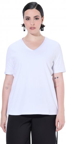 Ulla Popken Satin Trimmed Ribbed Jersey Short Sleeve T-Shirt Snow White - Pólók - 