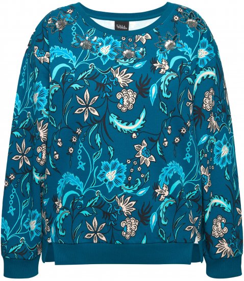 Ulla Popken Beaded Floral Long Sleeve Sweatshirt Dark Teal - Ulla Popken - 