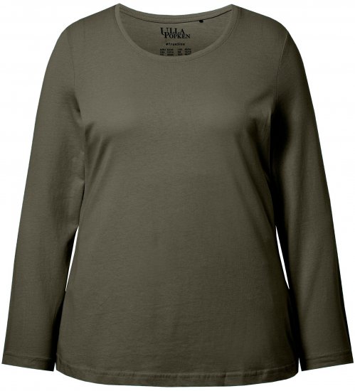 Ulla Popken Basic Round Neck Long Sleeve Slim Fit Cotton Tee Olive - Pólók - 