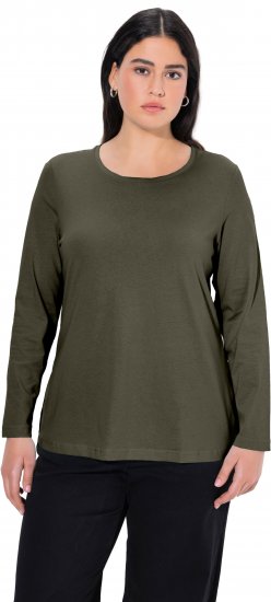 Ulla Popken Basic Round Neck Long Sleeve Slim Fit Cotton Tee Olive - Pólók - 