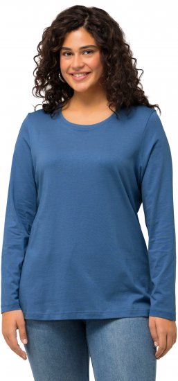 Ulla Popken Basic Round Neck Long Sleeve Slim Fit Cotton Tee Blue Denim - Pólók - 