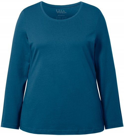 Ulla Popken Basic Round Neck Long Sleeve Slim Fit Cotton Tee Cerulean - Pólók - 
