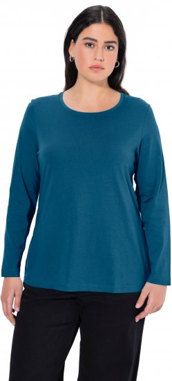 Ulla Popken Basic Round Neck Long Sleeve Slim Fit Cotton Tee Cerulean - Pólók - 
