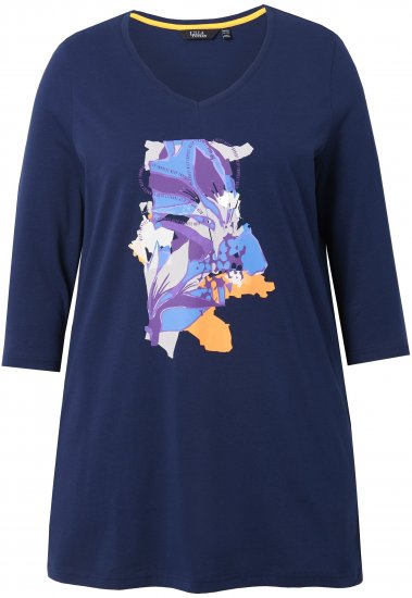 Ulla Popken Floral Motif 3/4 Sleeve Tunic Tee Ink Blue - Mintás pólók nőknek - 