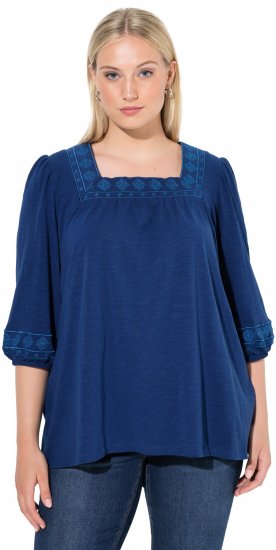 Ulla Popken Embroidered Detail 3/4 Sleeve Tee Dark Blue - Mintás pólók nőknek - 