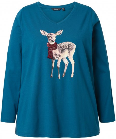 Ulla Popken Fawn Long Sleeve Graphic Tee Teal - Mintás pólók nőknek - 