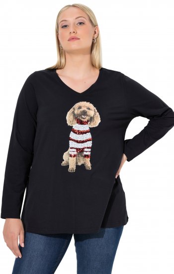 Ulla Popken Sequined Puppy Long Sleeve Graphic Tee Black - Mintás pólók nőknek - 