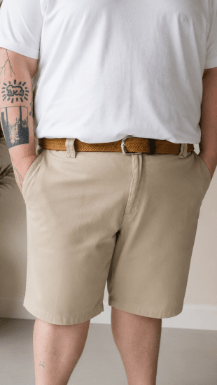 Kam Jeans 3402 Belted Dobby Weave Stretch Chino Shorts Beige - Rövidnadrág - Nagyméretű Rövidnadrág W40-W60