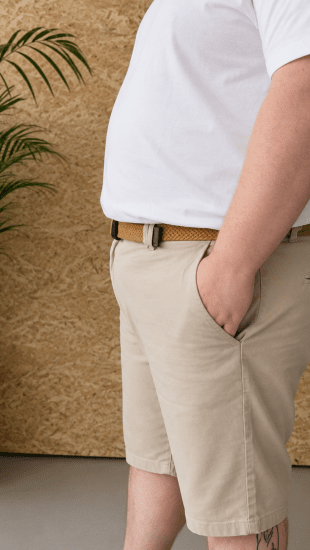 Kam Jeans 3402 Belted Dobby Weave Stretch Chino Shorts Beige - Rövidnadrág - Nagyméretű Rövidnadrág W40-W60